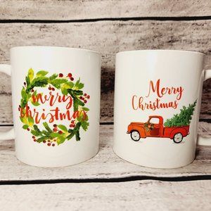 Set Of 2 Merry Christmas 12 oz Coffee Mug Cup Holidays Red Pick Up Truck Wreath
